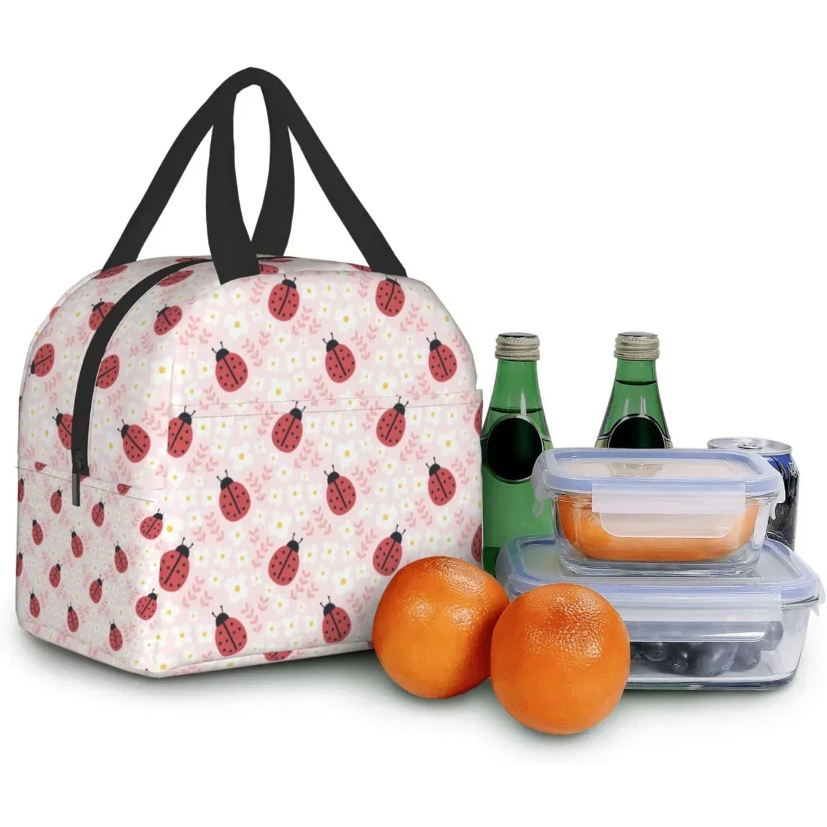 Ladybugs and flowers Lunch Box Bento Box Insulated Lunch Boxes Reusable Waterproof Lunch Bag With Front Pocket For Picnic Hiking