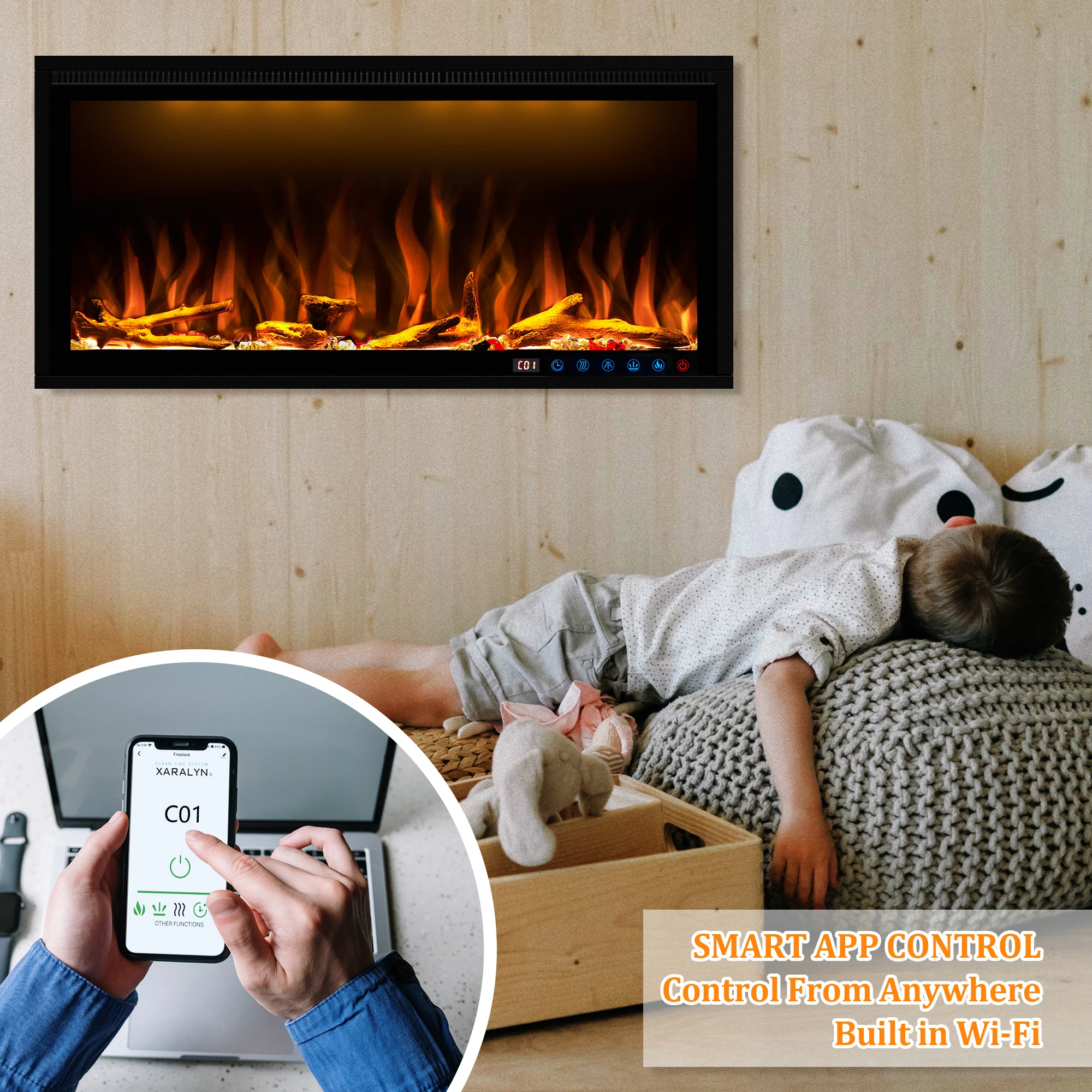 

Indoor 60 Inch Media Electric Fireplace Heater 1.5kw APP WIFI Remote Control Decor LED Flame Built-in Wall