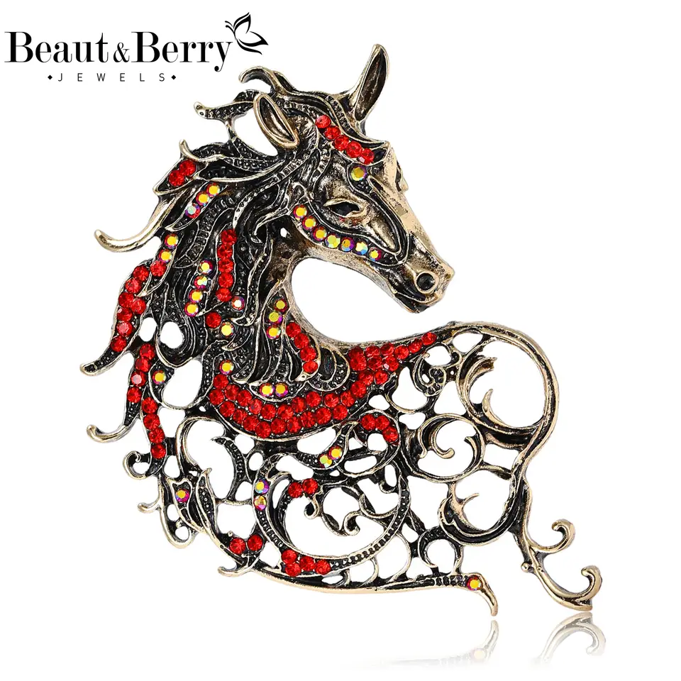 دبابيس حيوانات الأبراج من Beaut&Berry بروشات رأس حصان مرصعة بالكريستال العتيقة للنساء إكسسوارات حفلات غير رسمية هدايا السنة الجديدة للأصدقاء