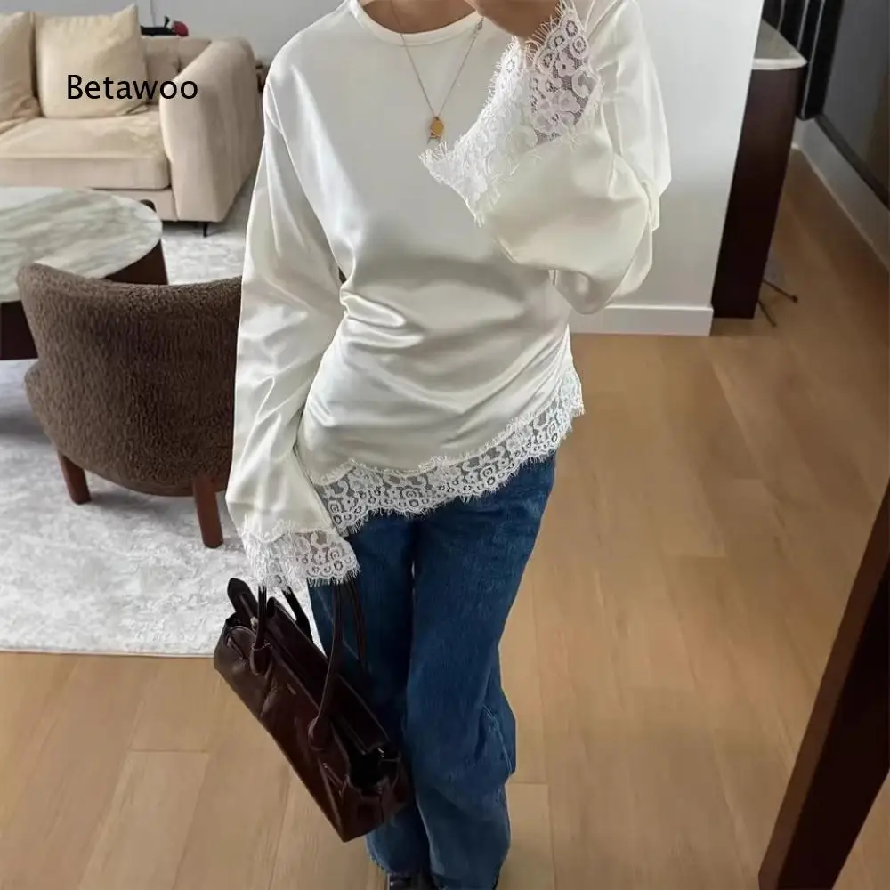 Womens White Satin Long Sleeve Shirt Fitted Waist Style Lace Fringe Trim On Hem And Bell Cuffs For Street And Evening Outfits