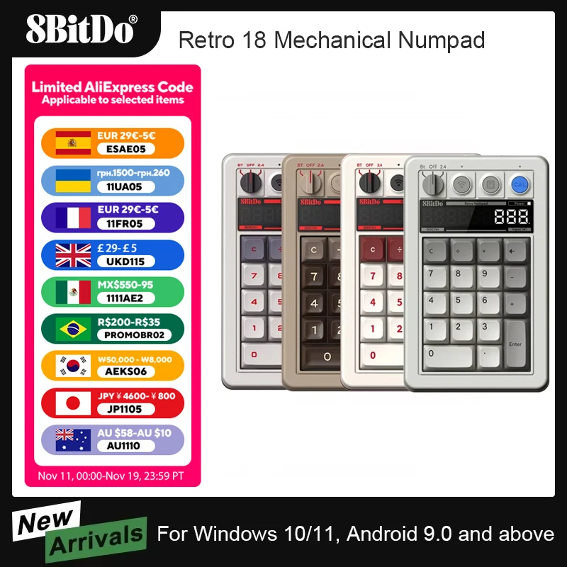 8BitDo Retro 18 لوحة رقم ميكانيكية، تدعم وضع الآلة الحاسبة، بلوتوث/2.4G/لوحة رقمية سلكية لنظام التشغيل Windows وAndroid