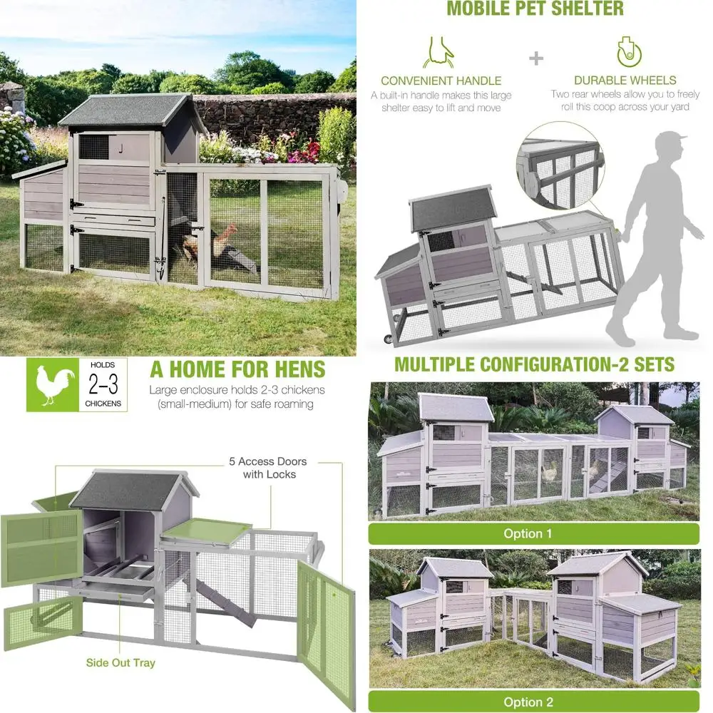 

Многоуровневый деревянный курятник для 3-5 курей с уличной клеткой и колесами, с защитой от ультрафиолета