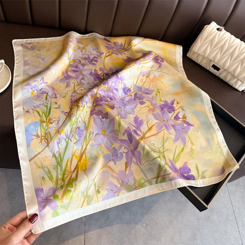 

70cm Painting Printed Ladies Silk Square Scarf Bandanas For Women Luxury Hijab Neckerchief Headband Elegant Shawl Beach Wraps