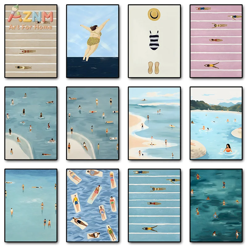 AZNM Minimalist Summer Swimming Pool Beach Canvas Wall Art Aerial View Swimmers Ocean Holiday Soft Blue Tone Modern Abstract Ill