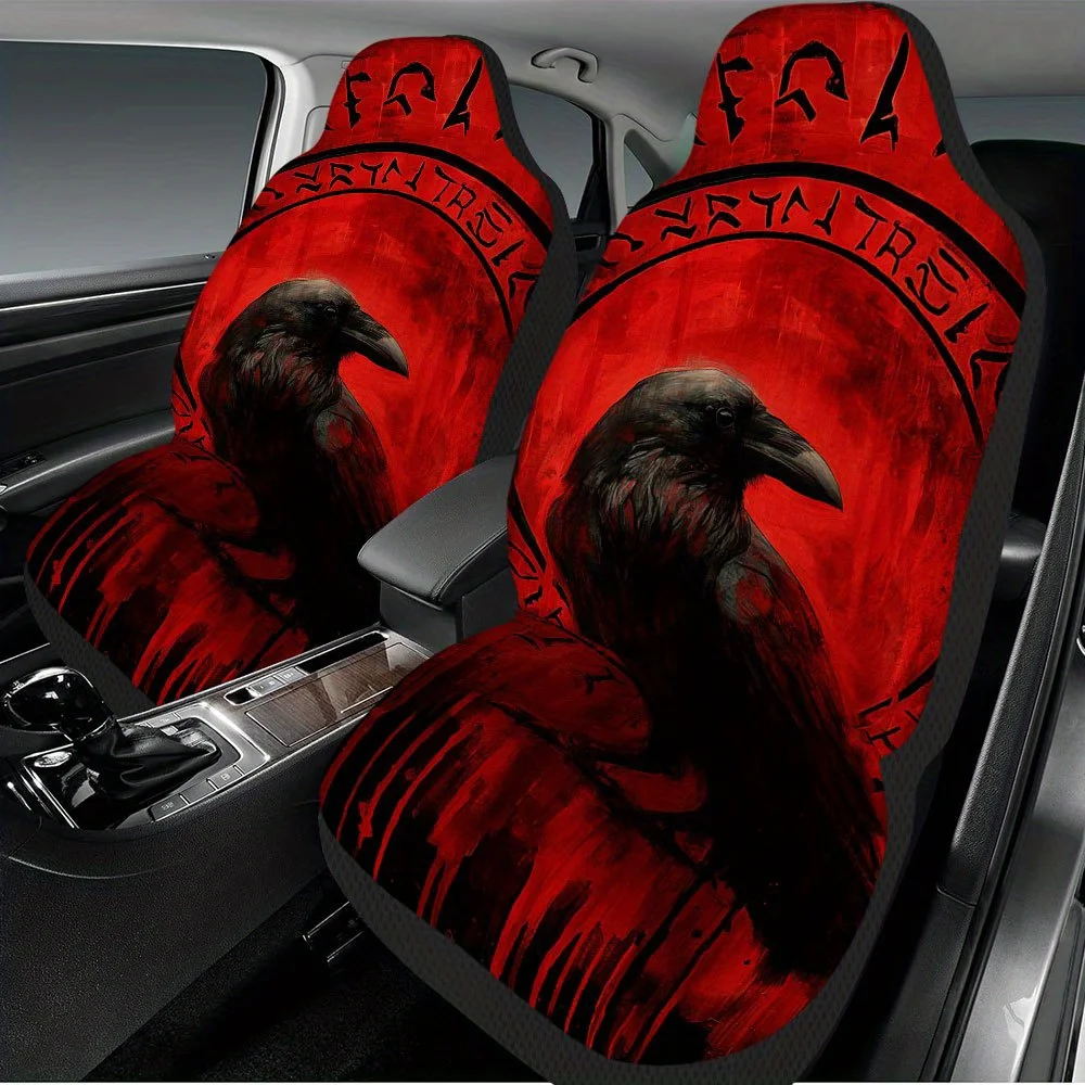 2pcs Halloween Red Raven Glyphs Print Car Seat Covers - Durable Polyester, Easy To Install & Washable, Stylish Accessory For Enh
