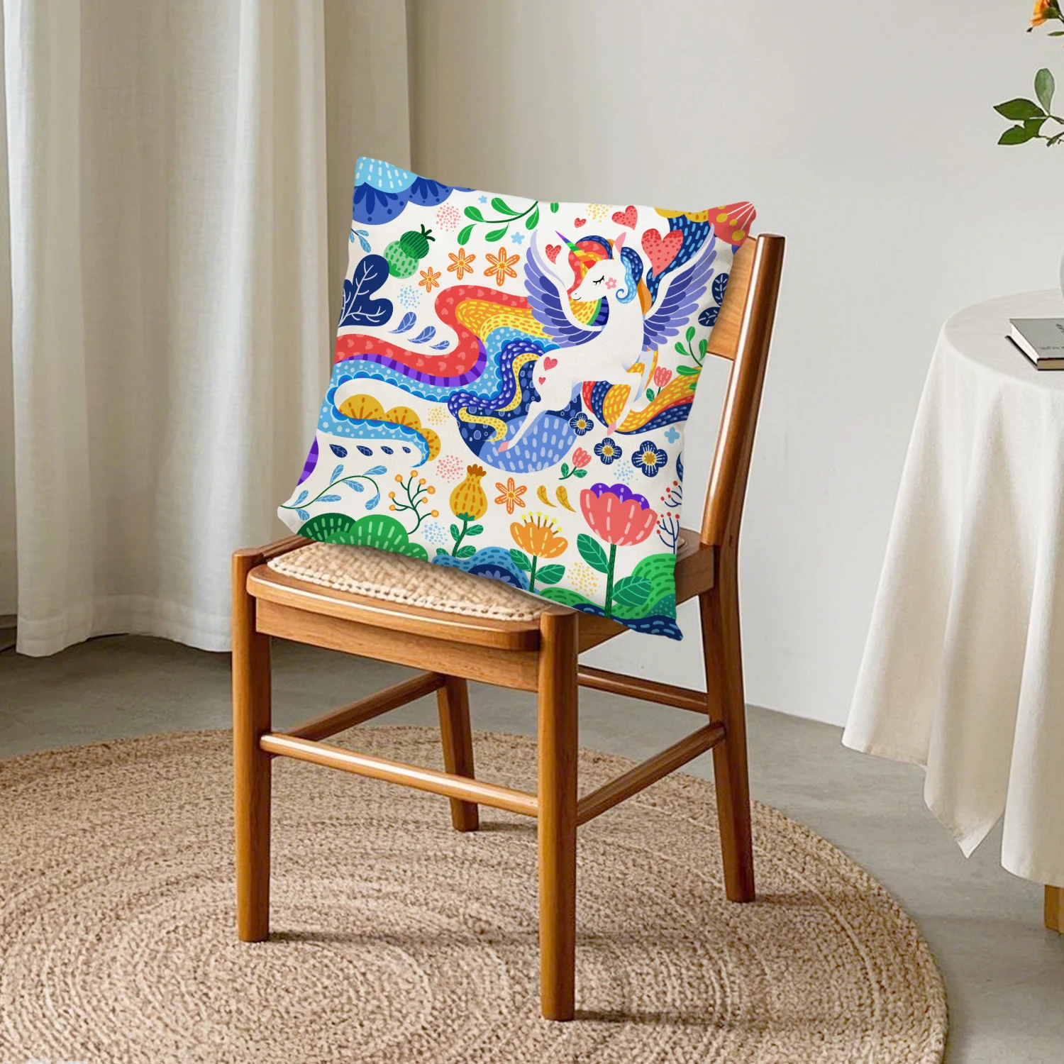 Fantasy Rainbow Unicorn Linen Cushion Cover Fairy Tale Animal Floral Pillowcase Whimsical Garden Nature Decor Living Room Sofa