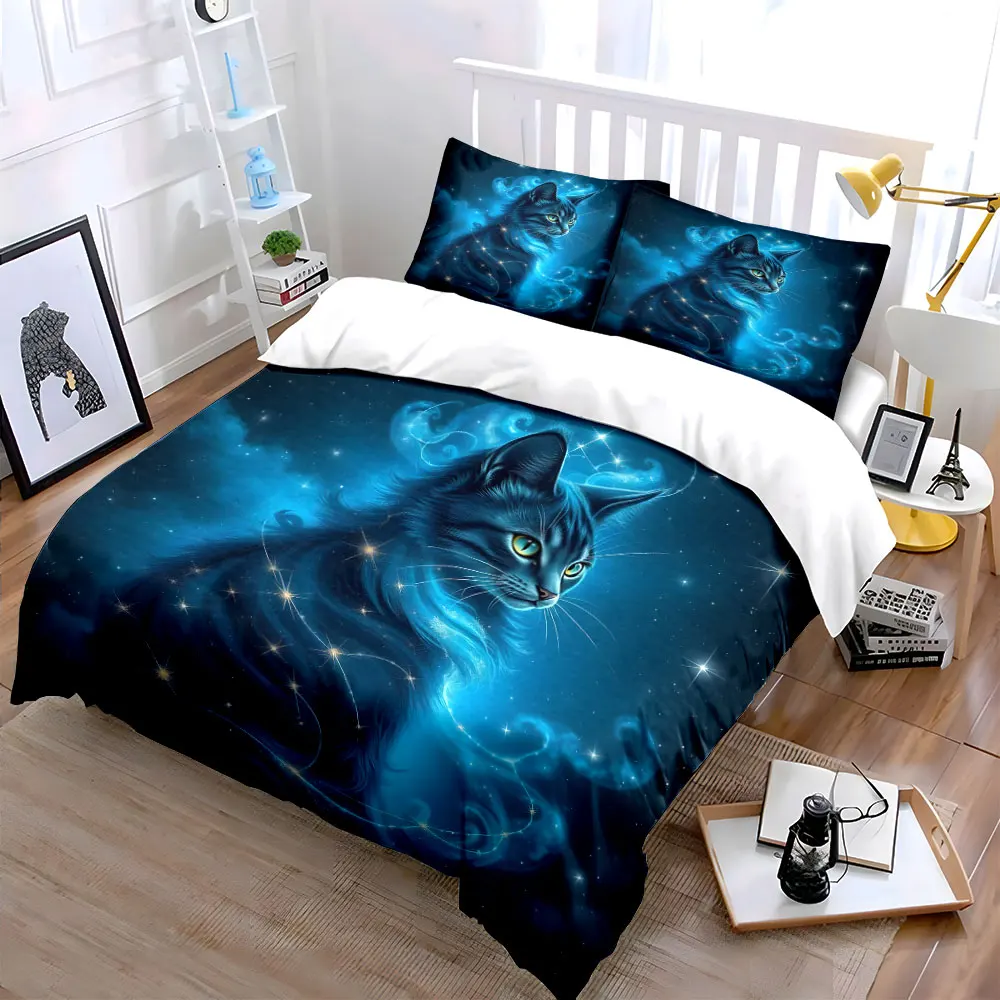 Mystical Blue Cat in Starry Sky Printed Duvet Cover Set1 Duvet Cover+2 PillowcaseMulti Size Bedroom Bedding Decoration
