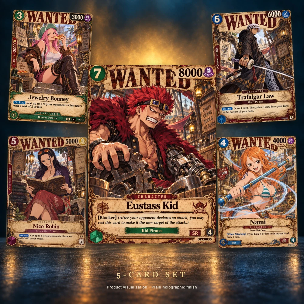 5Pcs One Piece Cards OTCG Vintage Wanted Poster Style Full Kid Bonney Law Robin Nami Collection Cards One Piece Card Game Gift