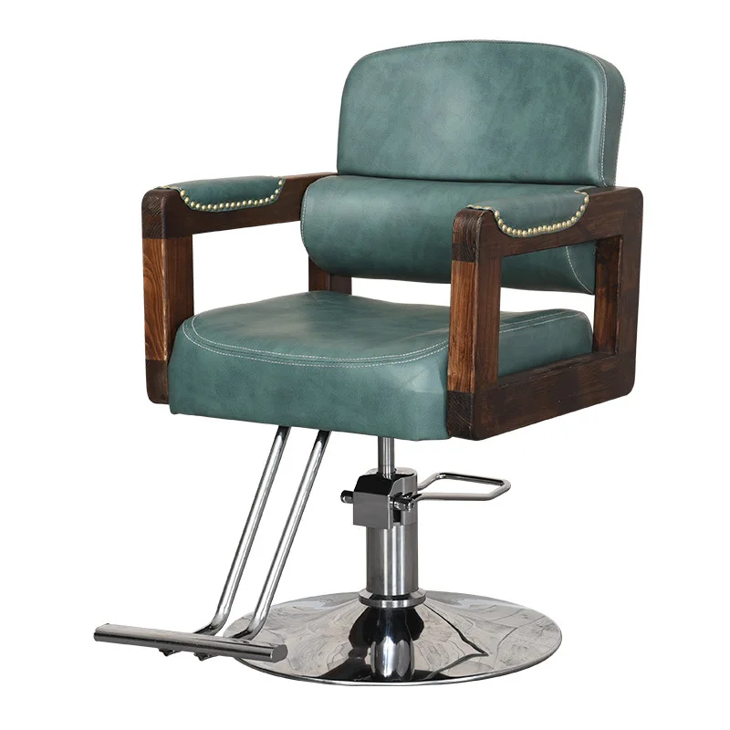 * # Modern Hydraulic Barber Chair with Wooden Armrest - Stylish Salon Styling Chair Comfortable Green Leather Cushion *