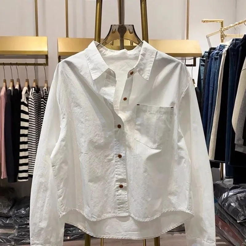 

Women Fashion Summer Cotton Shirt Lapel Blouses Woman Pure White Single-breasted Shirt Office Lady Spring Loose Long-sleeved Top