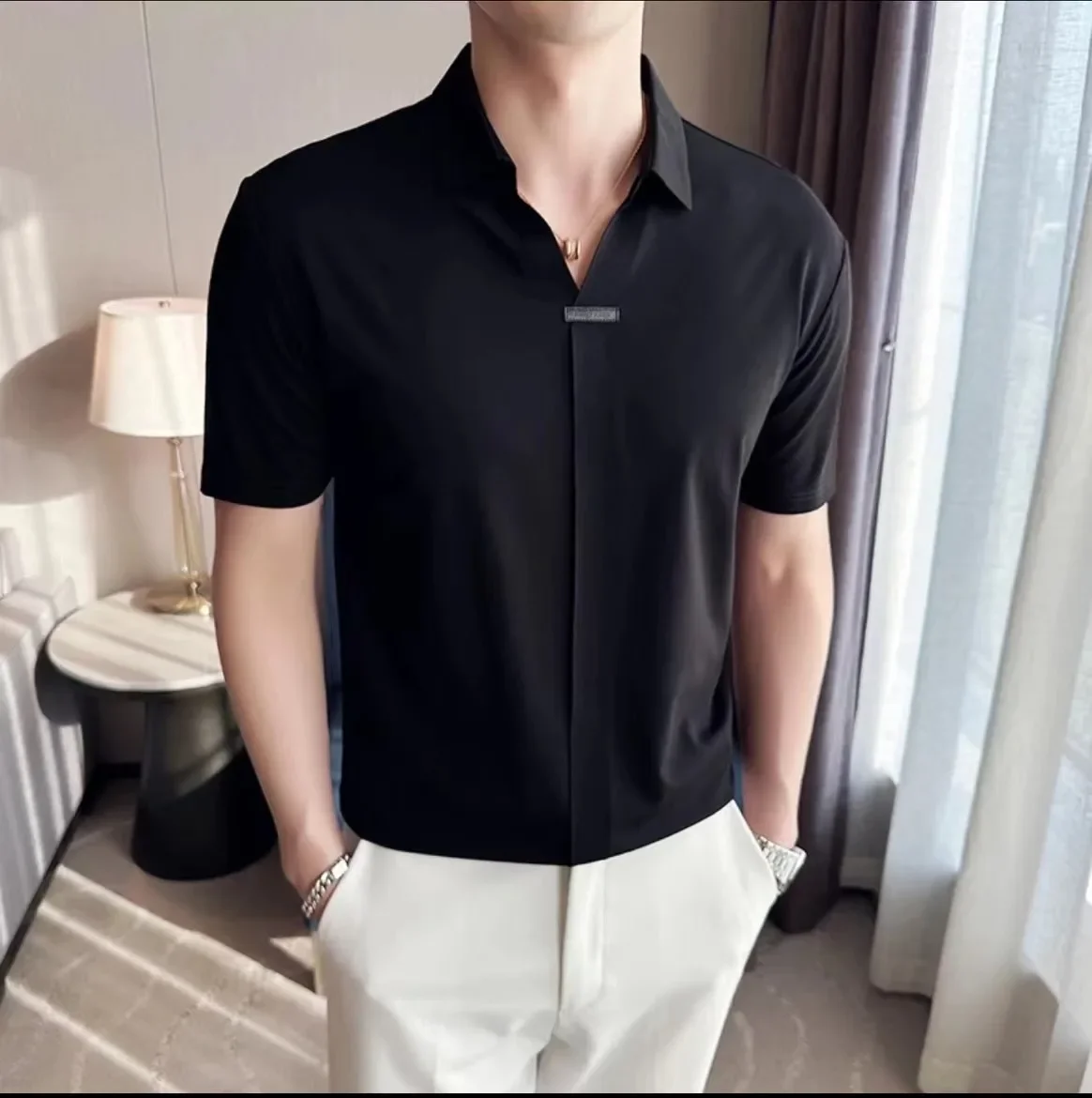 

High-elasticity Sexy V-neck Short-sleeved Polo Shirt Men's Advanced Ice Silk Seamless Lapel T-shirt Brown Golf Shirt 2025 New