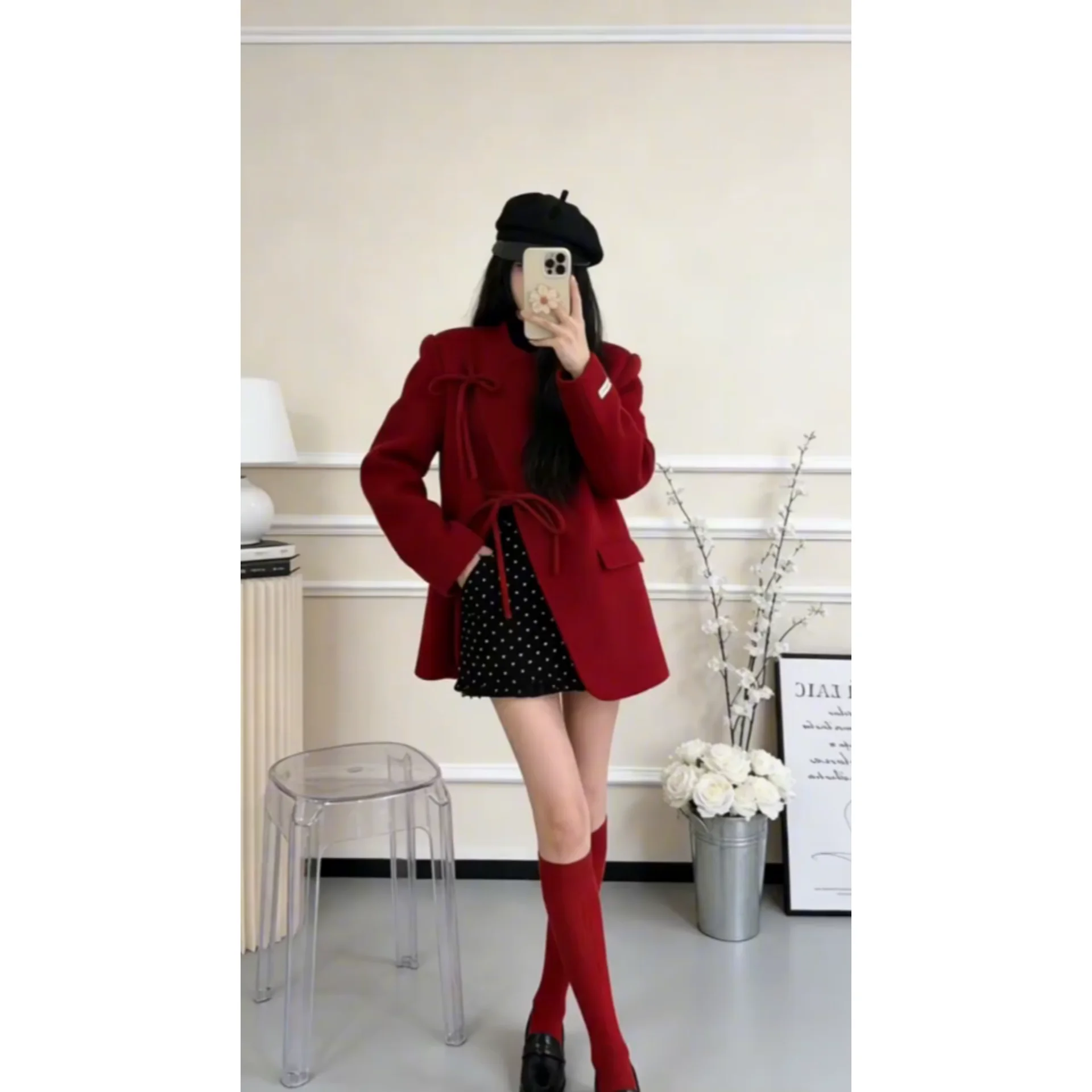 

Ele Red Polka Dot Blouse And Skirt Set Long Sve High Waist Winter Warm Faionable Workwear Home Date Outfit Ensemble