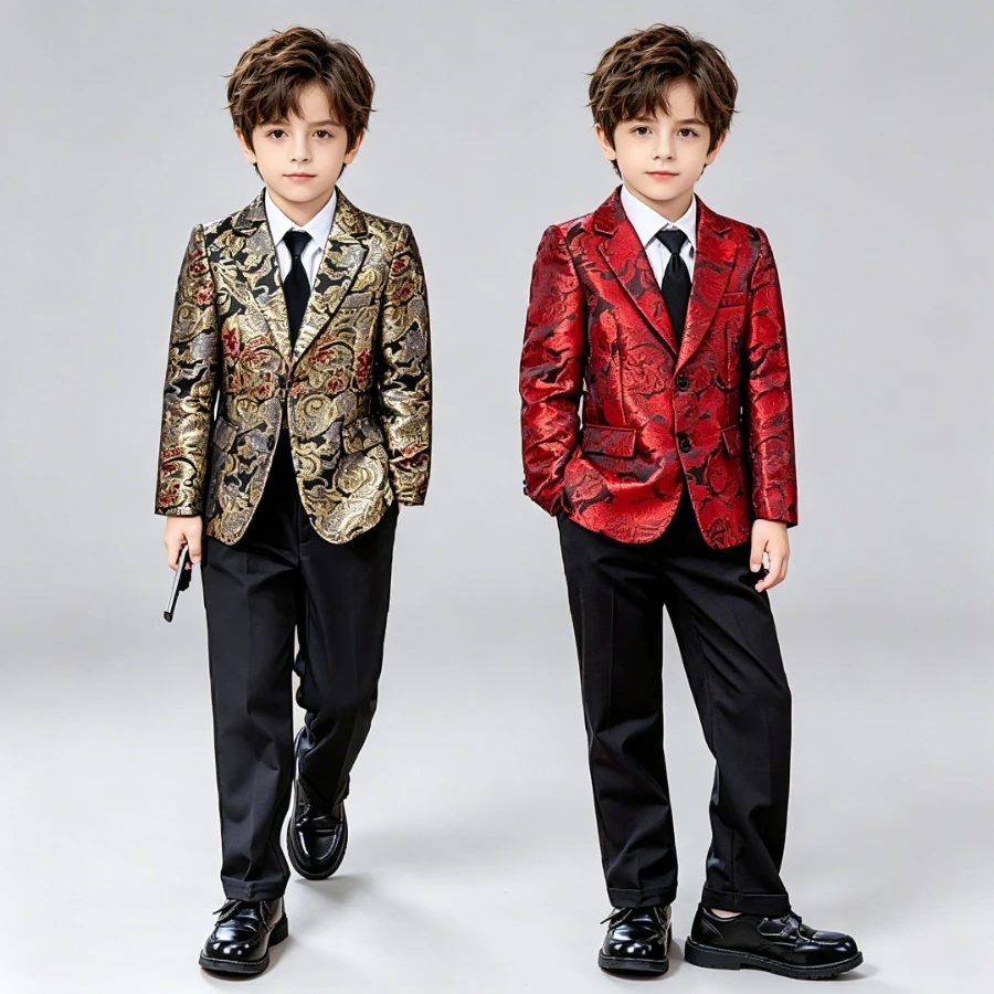 

Kids Boys Jacquard Dragon Pattern Suit Blazer with Shirt Tie Pants Formal Party Wedding Stage Performance Holiday Costume 12 Y