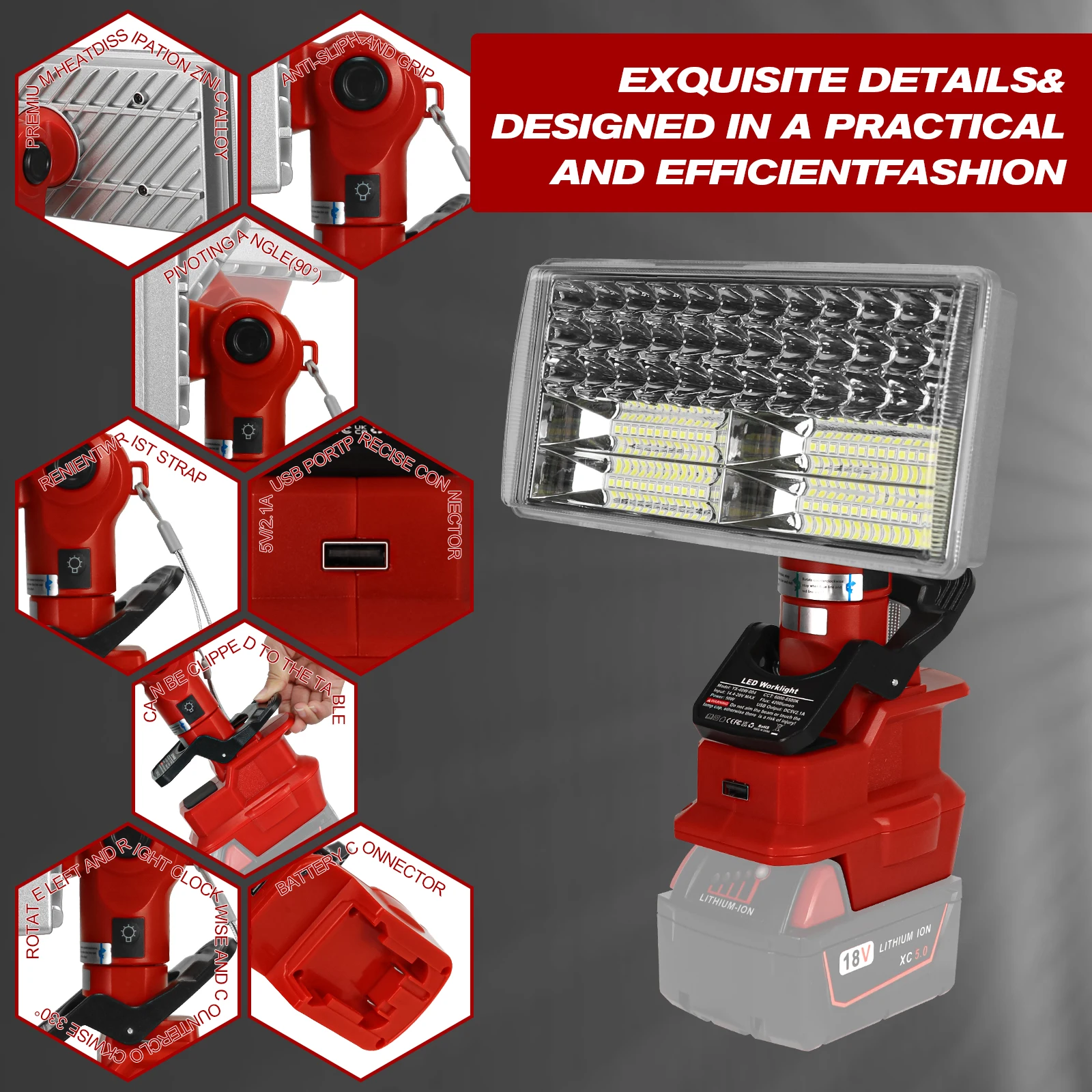 مصباح عمل LED قابل لإعادة الشحن مع مشبك ، مصباح يدوي في الهواء الطلق ، مصباح عمودي ، ميلووكي 18 فولت بطارية ليثيوم أيون ، 40 واط