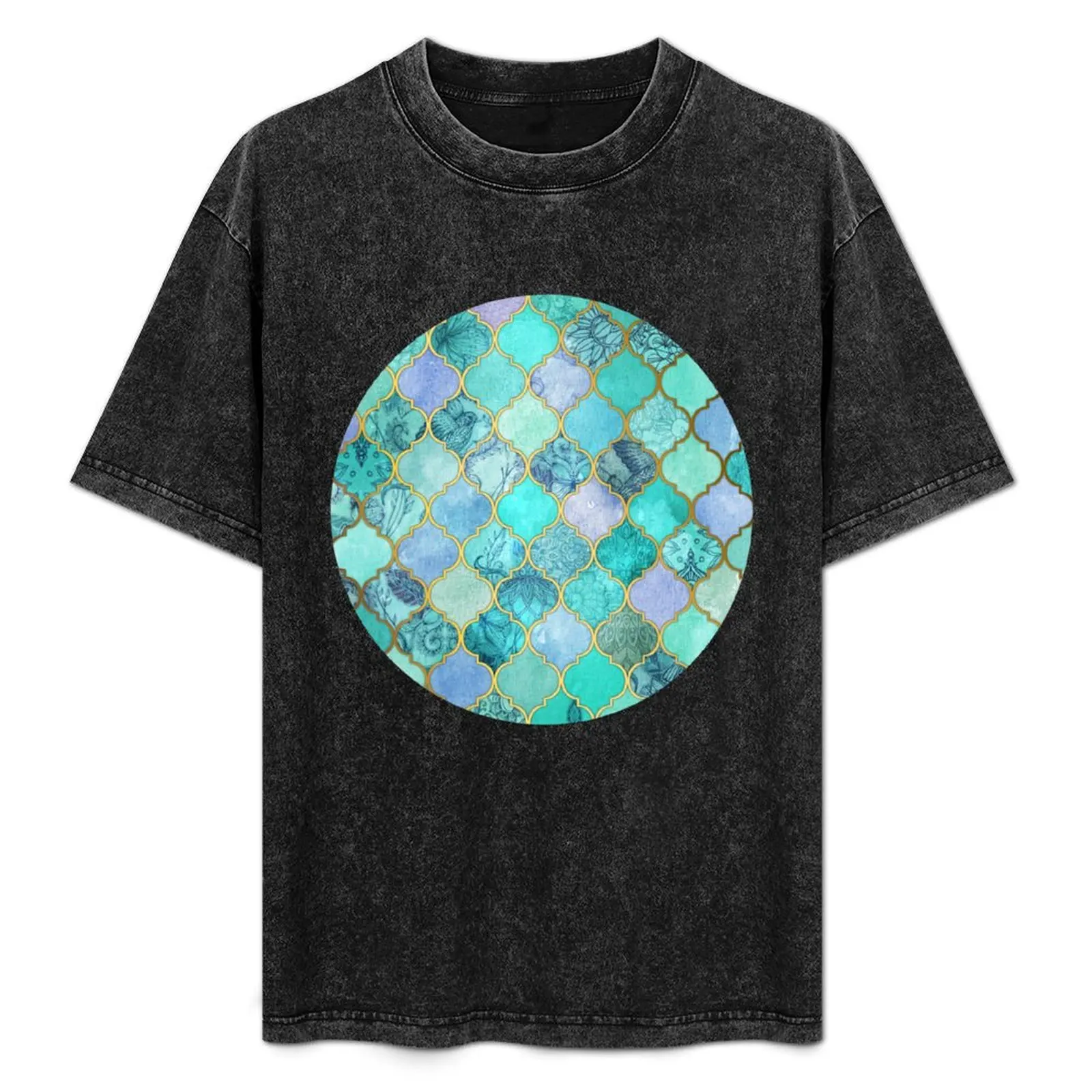 Camiseta con estampado decorativo de azulejos marroquíes Cool Jade & Icy Mint, camiseta de manga corta de entrenamiento de secado rápido