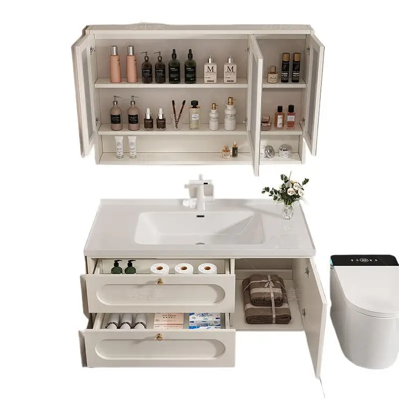 Mueble de baño de viento crema, combinación de lavabo integrado de cerámica, lavabo