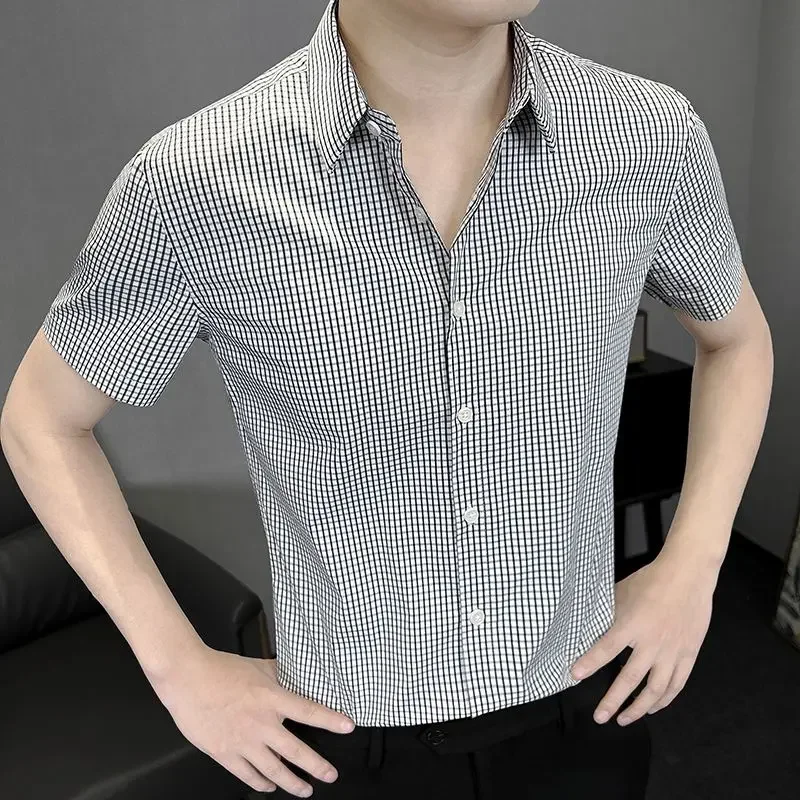 

Short Sleeve Male Shirts Black Plaid White Check Designer Silk Cheap Brand Aesthetic Elegant Korean Style Normal Men's Shirt
