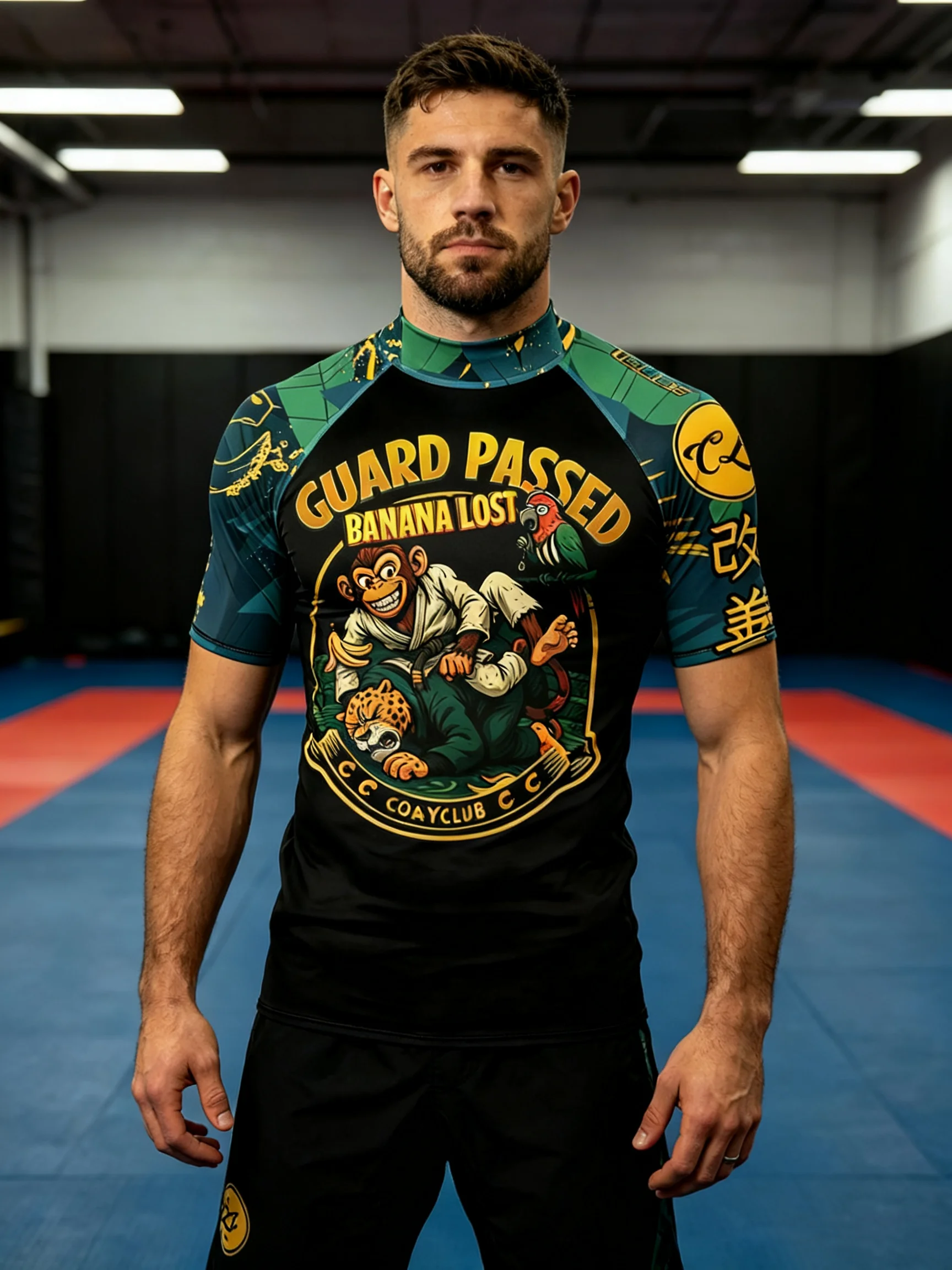 Cody Lundin Men's Graphic Print High Neck Rash Guard Short Sleeve 4-Way Stretch Sweat-Wicking MMA BJJ Grappling Gym Workout Top
