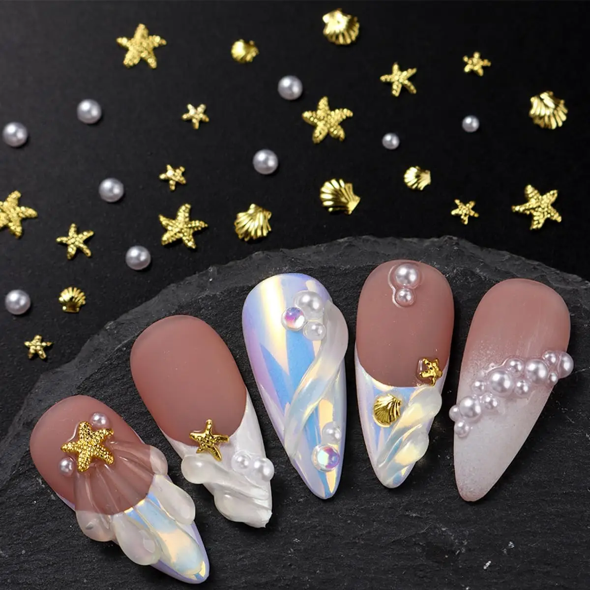 200pcs Ocean-Themed Nail Charms & Gemstones Starfish Seashell Rhinestones with Pearl Designs Nail Art Beach Vacation Nail Access