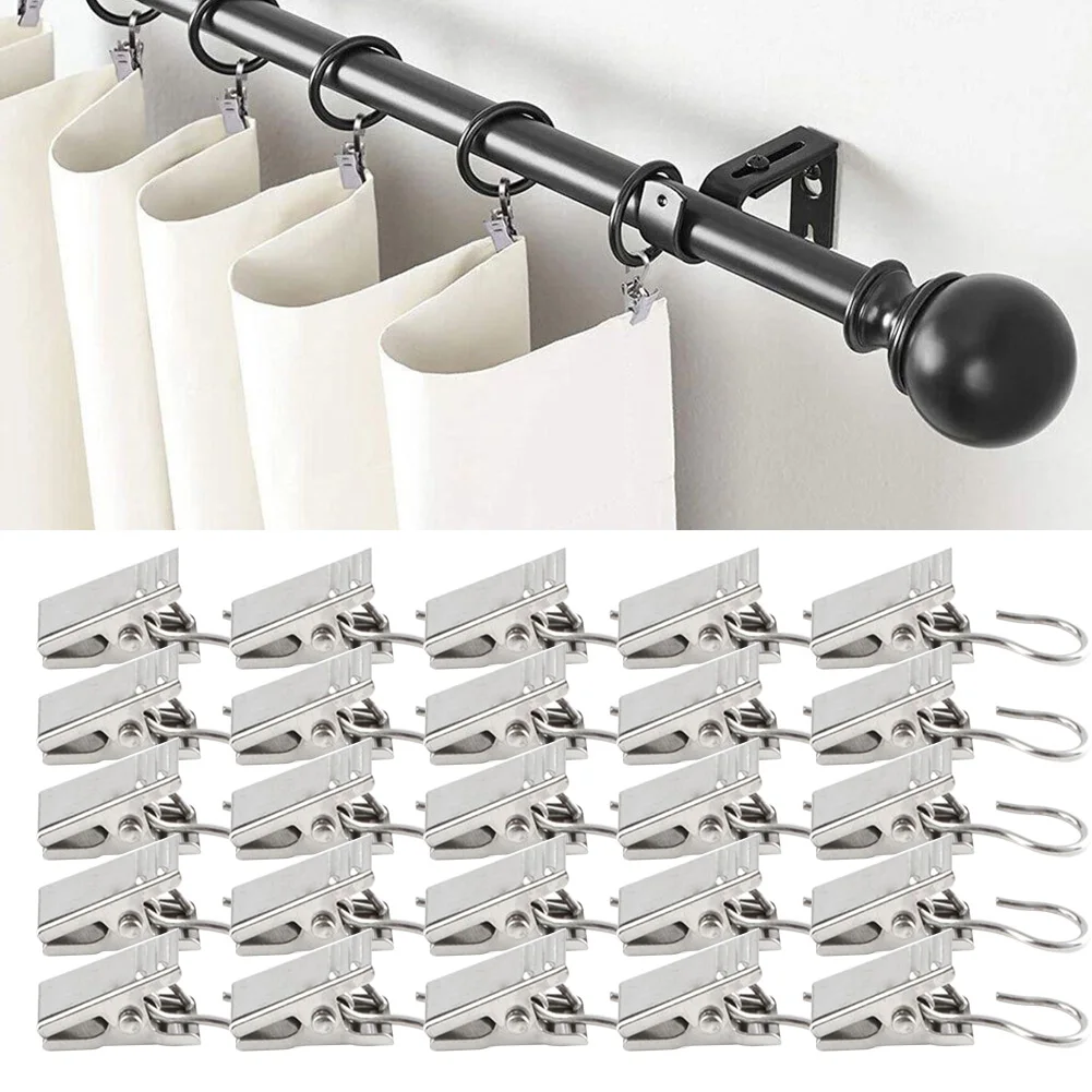 

20/50/100pcs Curtain Clips Hook Stainless Steel Hooks Bathrrom Curtain Rod Clips Holder For Living Room Bedroom Home Decoration