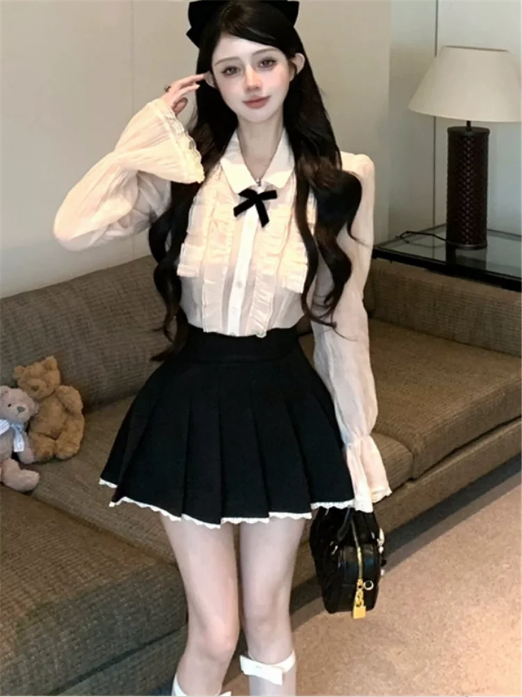 French Court Style Women Two Pieces Sets Ruffles Flare Sleeve Sweet Shirt Blouse+Black Mini Skirt Fashion Vintage 2 Pieces Suits