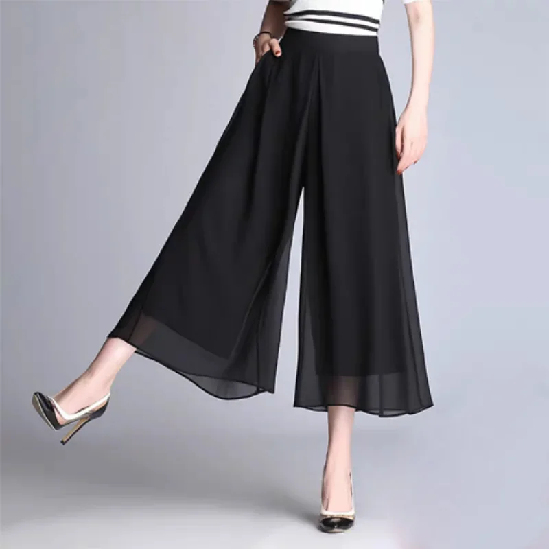 

Thin Chiffon Oversize Skirt Pants Elastic High Waiste Pocket Solid Korean Clothing Fashion Casual Black Wide Leg Trousers Z327