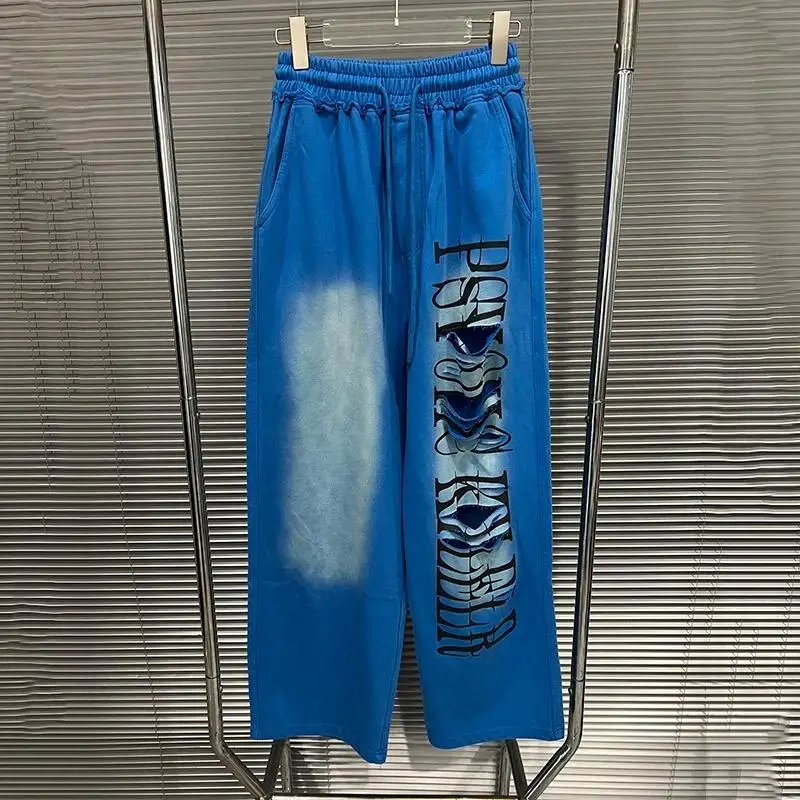 

Fashion Autumn New Letter Printed Hole Design Casual Pants For Women High Elastic Waist Drawstring Loose Trousers 1A810