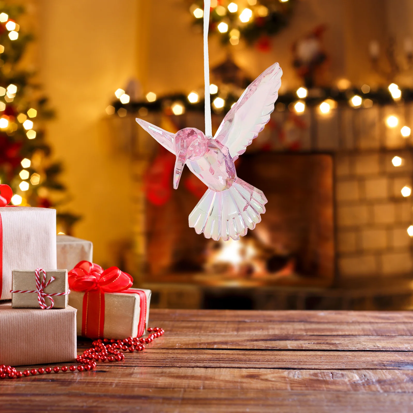 

Crystal Clear Pink Iridescent Hummingbird Hanging Ornament Acrylic Bird Pendant for Christmas Tree Decorations Holiday Seasonal