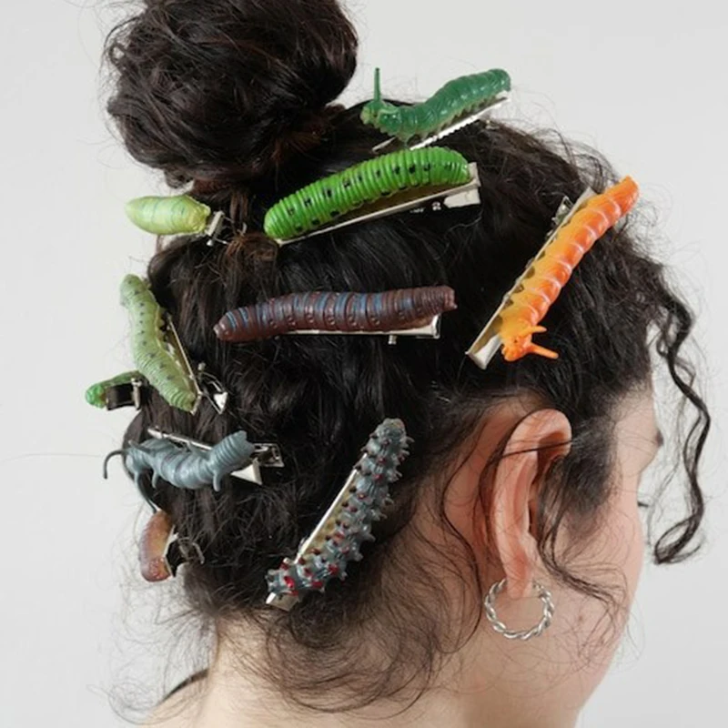 

10PCS/Set Mini Simulated Caterpillar Hair Clips Prank Animals Model Crawling Insect Action Figures Hairpins for Kids and Friends