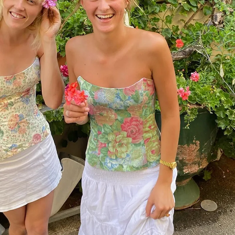 Oil Painting Floral Print Tops Y2K Tube Top Summer Off-shoulder Vest Slim Clubwear High Street Woman's Corset Strapless Crop Top