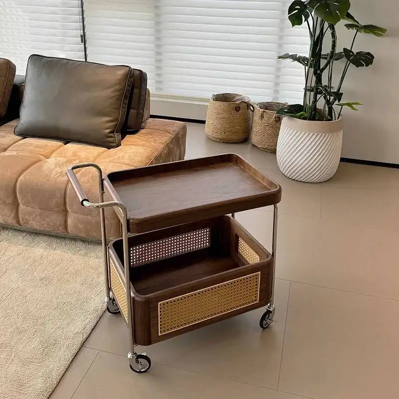 small wax Middle with white ancient wood movable style coffee table black wheels, silent walnut wheels, living room rattan