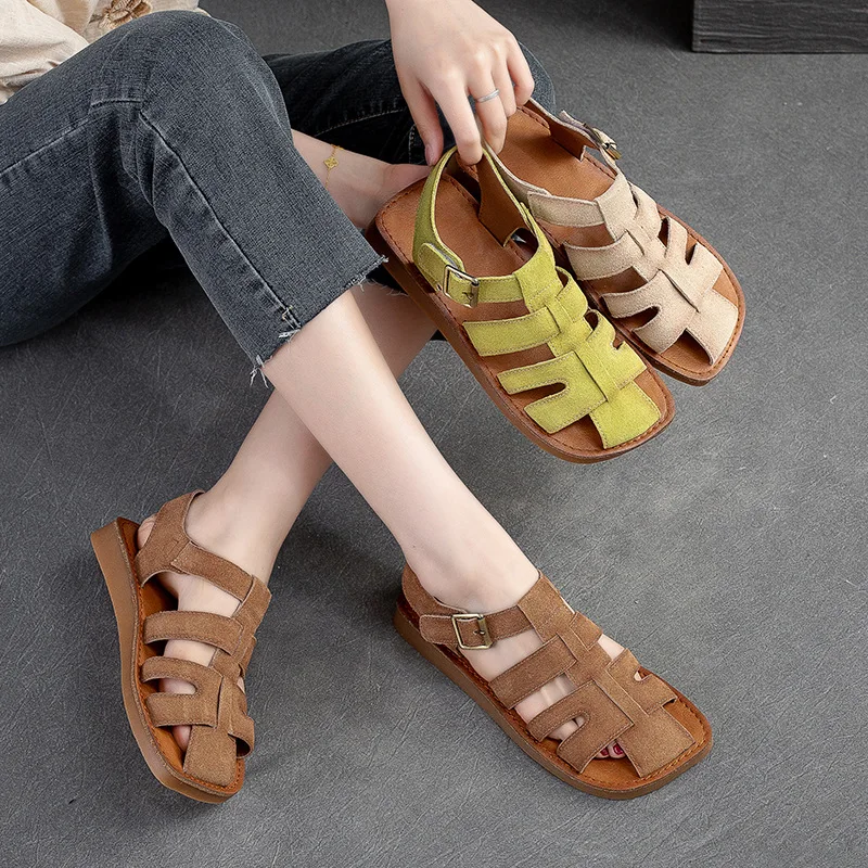 Genuine Leather 2024 Summer New Retro Hollow-out Breathable Sandals Casual Comfortable Women Flats Shoes