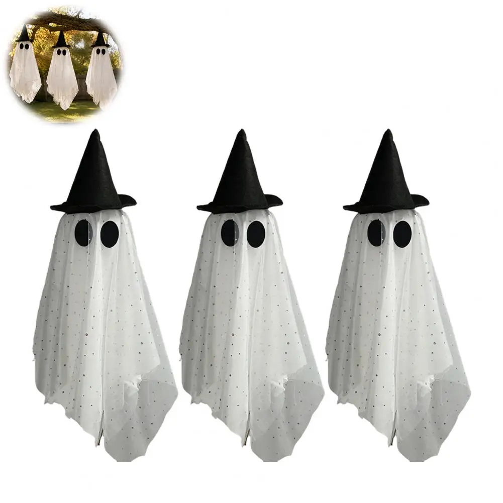 Spooky Yard Tree Hanging Ornaments 3 Pcs Halloween Hanging Ghost Decorations Spooky Mesh Ghosts with Witch Hats for Outdoor