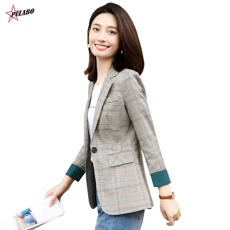 Office Ladies Notched Collar Plaid Women Blazer Double Breasted Autumn Jacket PULABO Casual Pockets Female Suits Coat