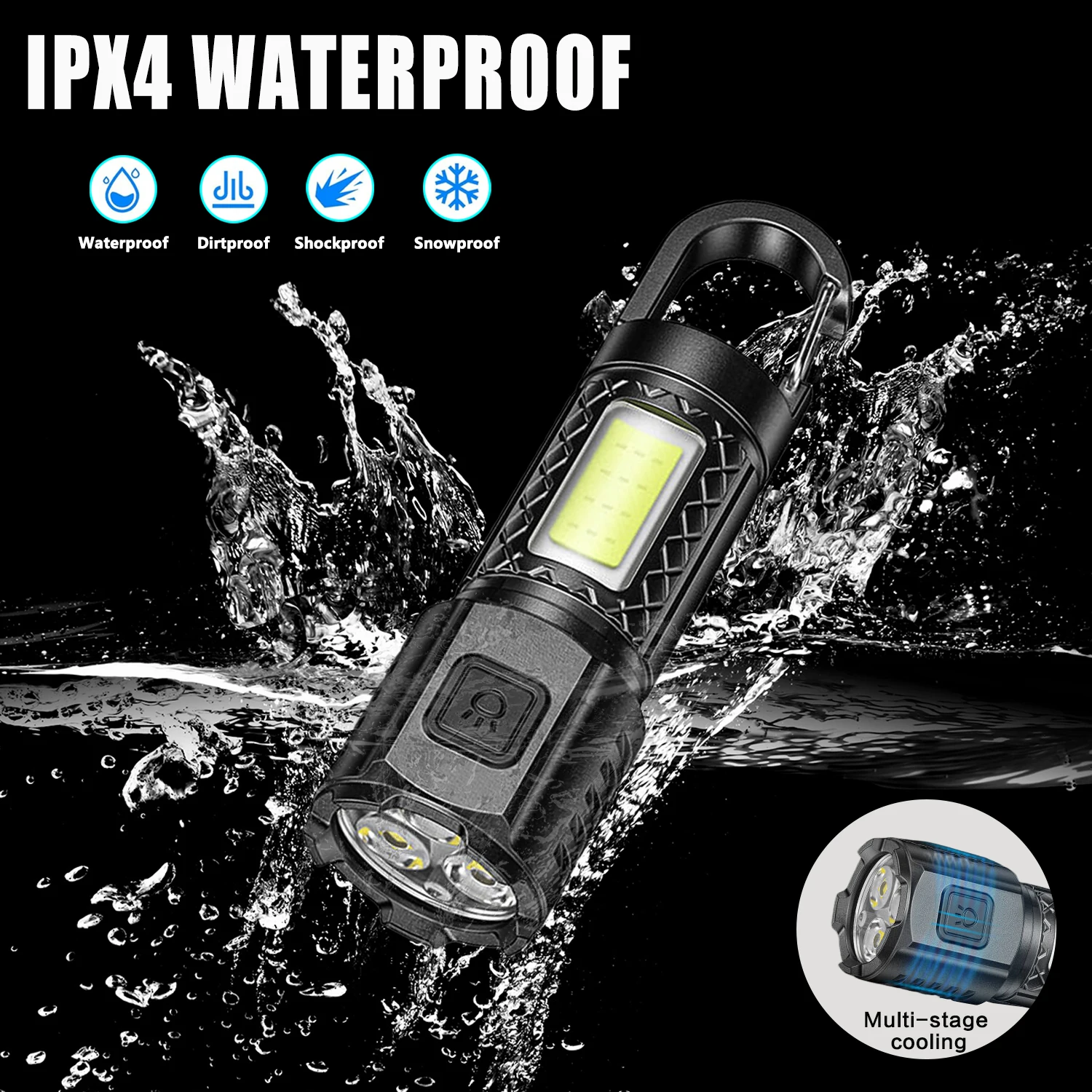 Mini LED Flashlight Strong Light Highlight Hand Torch COB Side Lights Hook Type Portable Handlamp Outdoor Camping Hand Light