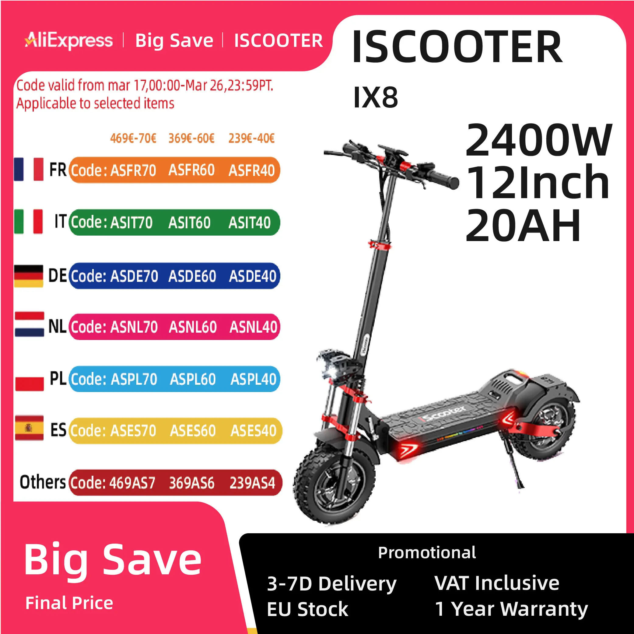 IScooter iX8 1200W * 2 12 with APP 48V 20 ah battery Max reach 65-70Km powerful adult electric scooter