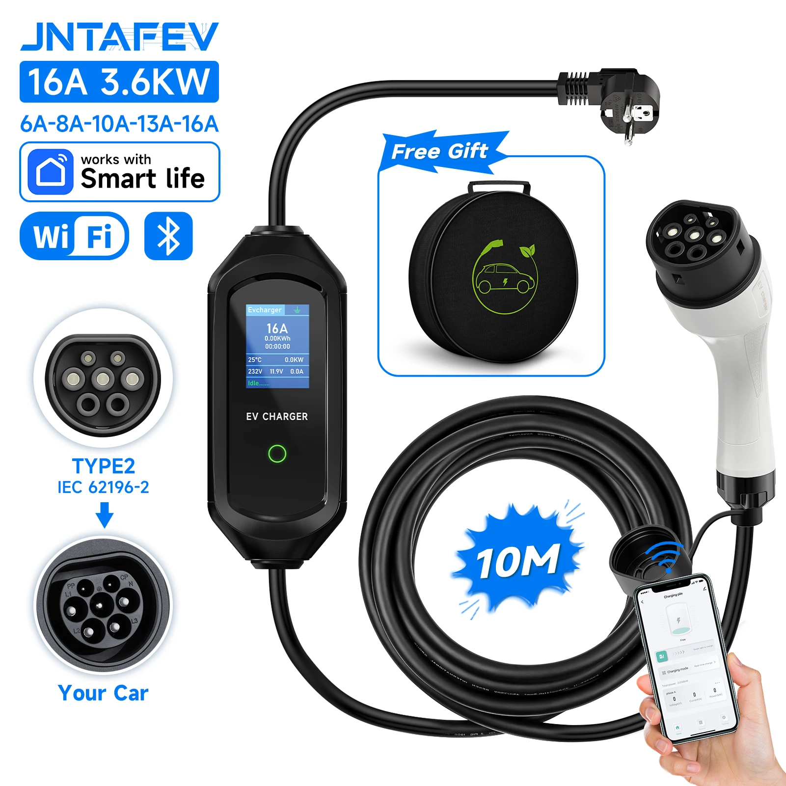 JNTAFEV Draagbare 3.5KW 16A 1-fase Type2 EVSE IEC62196‑2 EV-lader Snellaadkabel WiFi APP Bluetooth-besturing EV-autolader