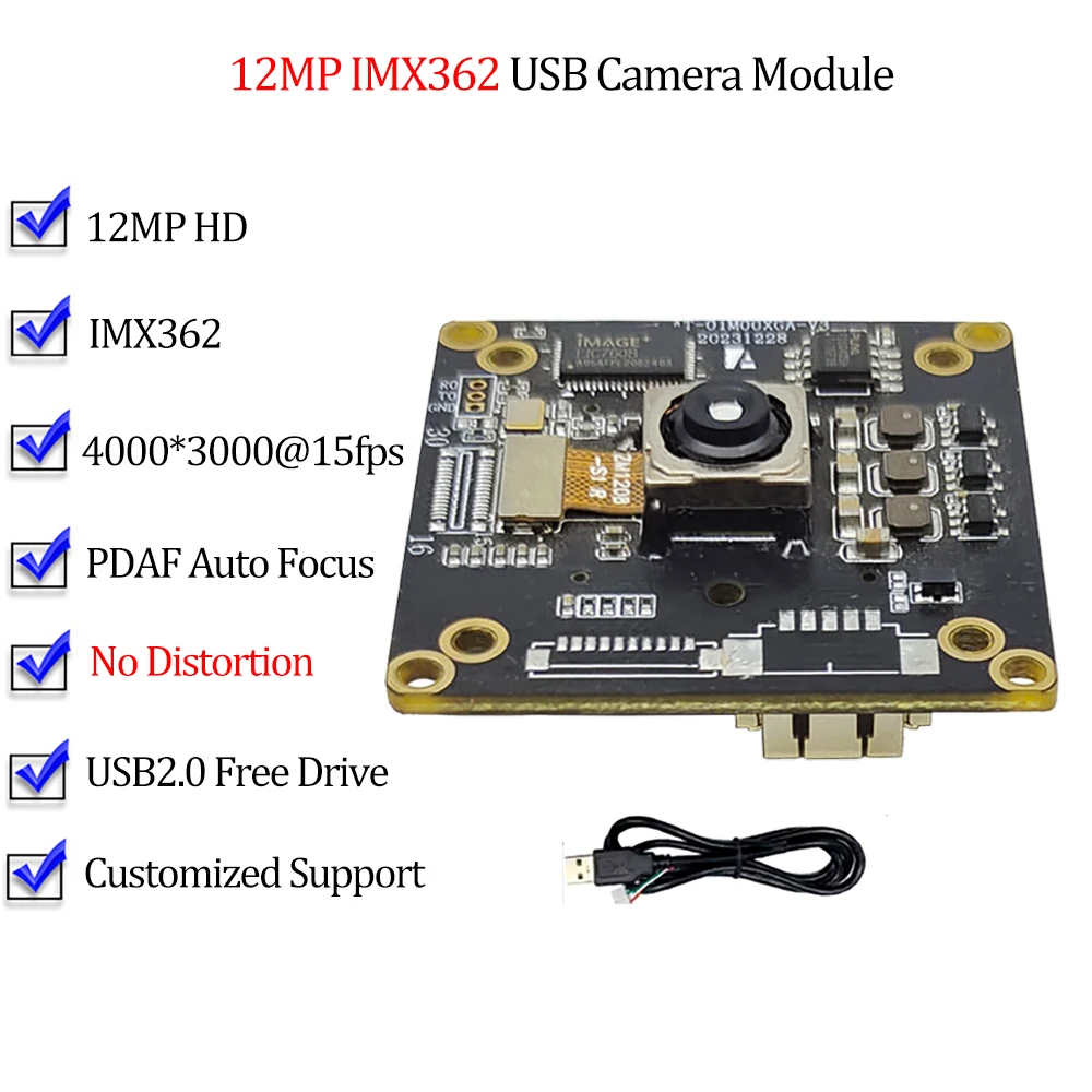 

4K 12MP IMX362 sensor USB2.0 Camera Module PDAF AF Auto Focus 15fps Webcam 74Degree No Distortion UVC OTG Plug & Play USB Cam