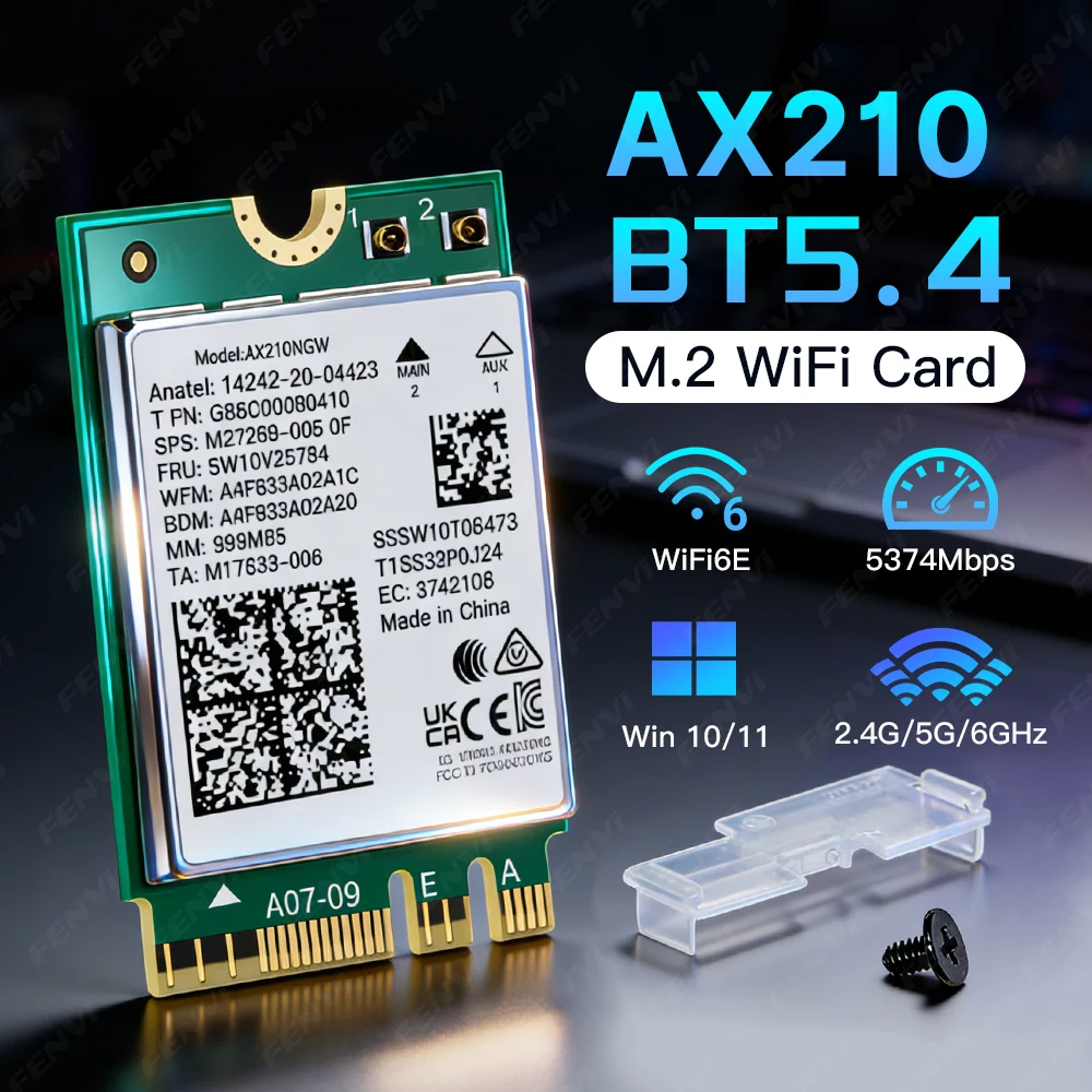 

AX210 WiFi 6E M.2 Card BT5.4 5374Mbps Tri Band 2.4G/5Ghz/6Ghz 802.11AX NGFF Wireless Network Adapter For Laptop PC Windows 10 11