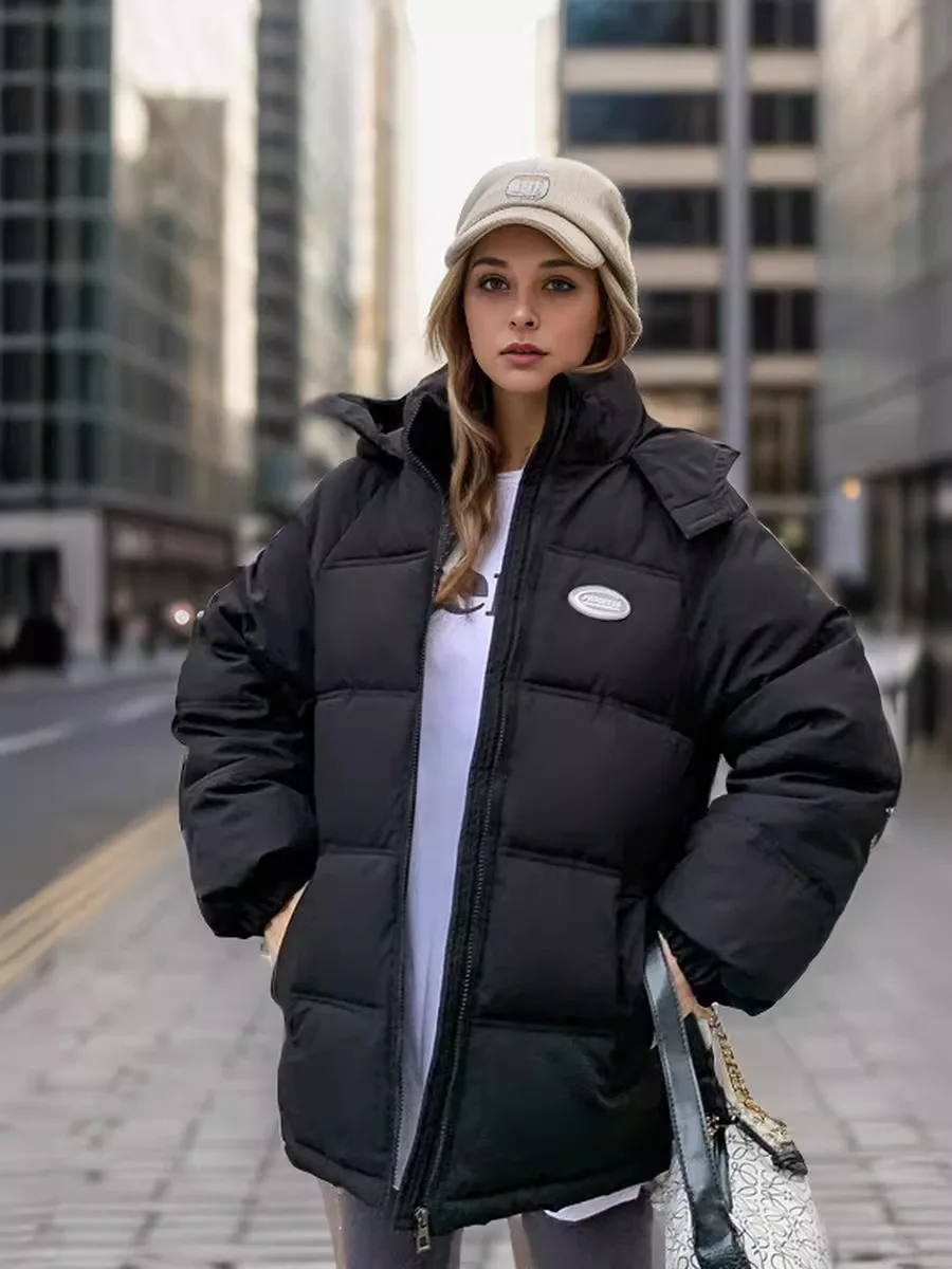 Woman Winter Puffer Jacket 2024 New Oversize Warm Vintage Hooded Zipper Pockets Vintage Woman Thicken Down Coat Woman Clothes