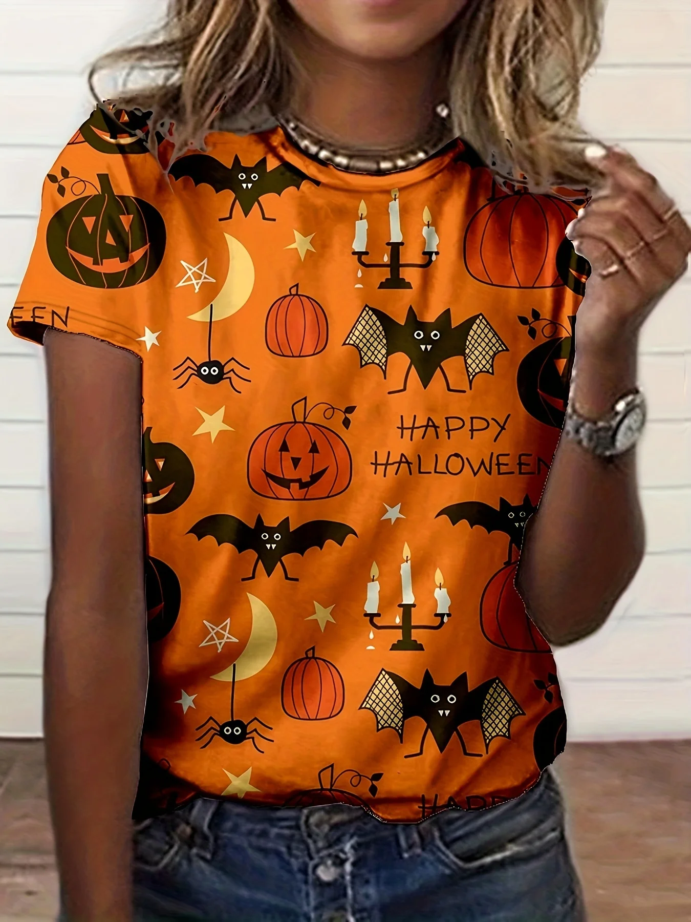 Women's T‑shirt Happy Halloween Pumpkin Bat Spider Moon All Over Print Short Sleeve Crew Neck Summer Casual Tops Women Clothing