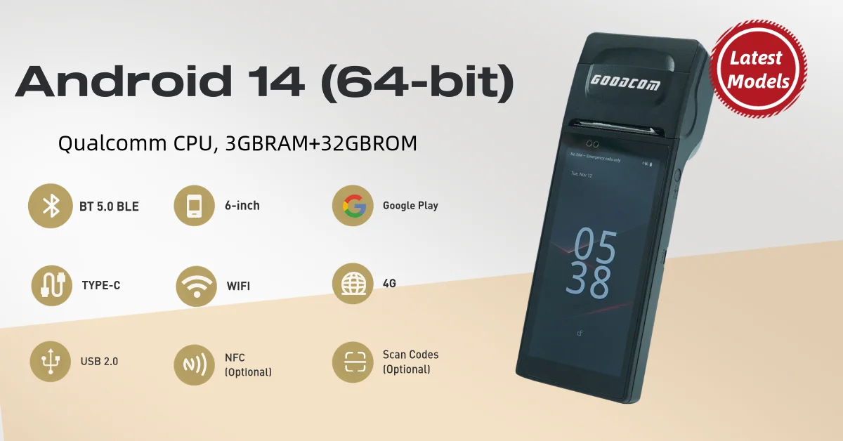 Latest Google Play Android 14 Wireless Handhedld POS Terminal With 58mm Thermal Printer For Food Order, Multi-Ticket Print