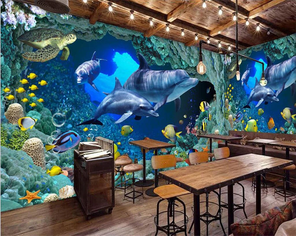 

Custom wallpaper 3d blue underwater world dolphin theme restaurant bar background wall living room children's room decoration