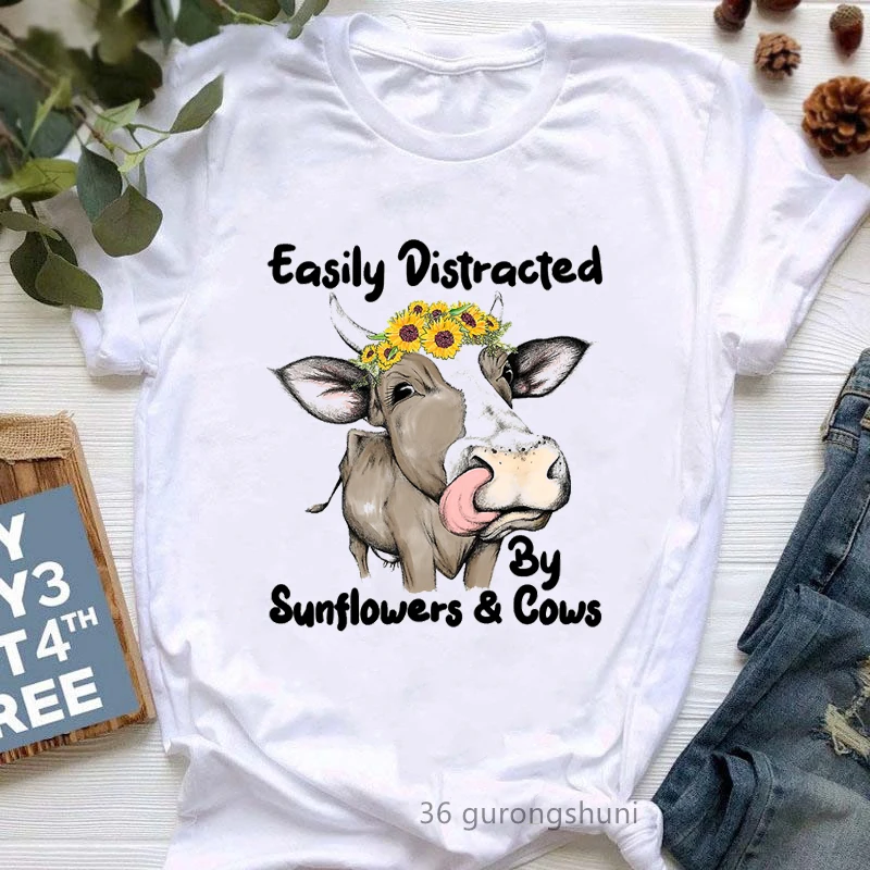 

Cow Sunflowers Hippie Funny Tshirts Women Farm Animal Peace Floral T Shirt Femme Summer Short Sleeve T-Shirt Female Streetwear