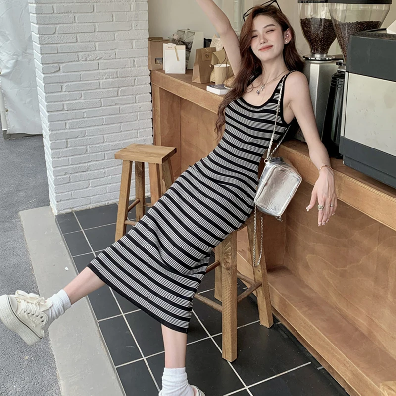 Women Retro Stripe Knitted Dress Sleeveless Slim Dresses Bodycon Korean Dresss