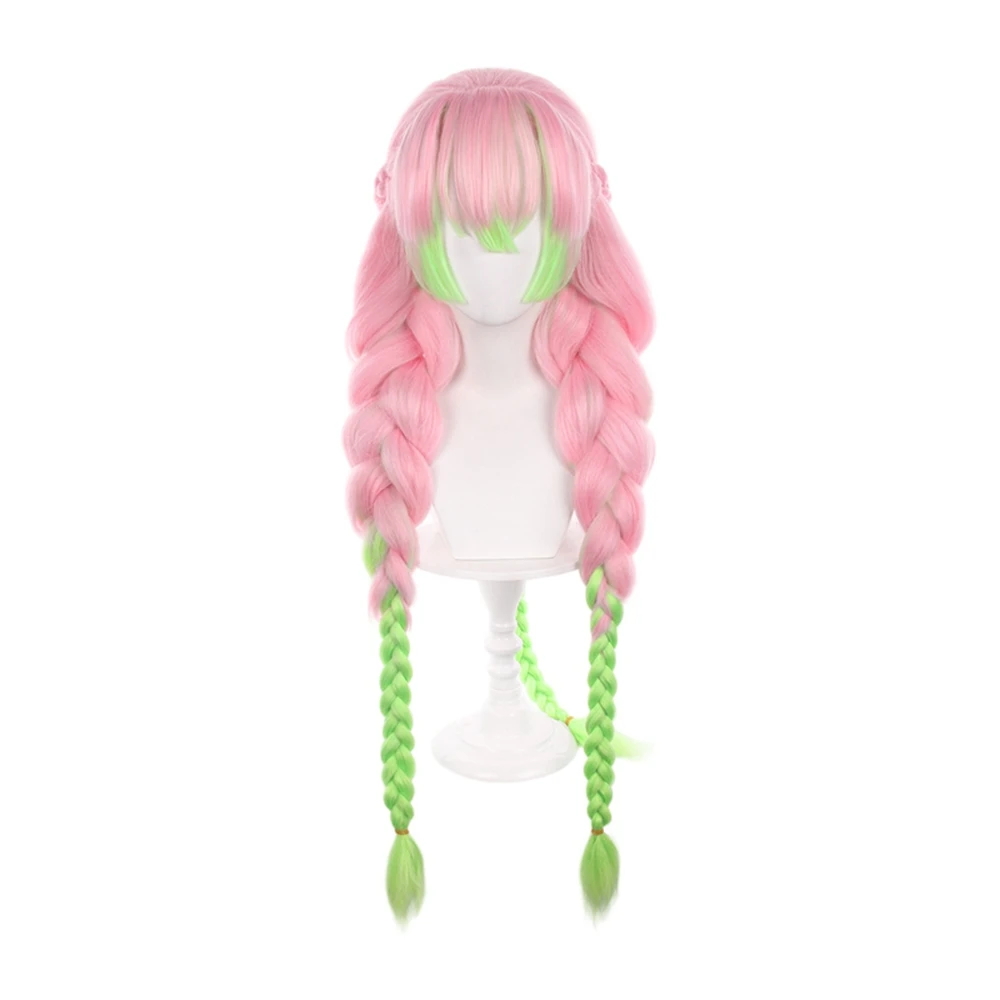 Pink Long Wig With Neon Green Braids And Leaf Tips Cosplay Wig Women Costume Party Synthetic Hair Peruke