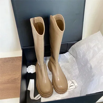 Botas Largas de plataforma plana, botas altas de caballero de invierno, zapatos de mujer con cremalleras traseras, calzado corto elegante de felpa para mujer