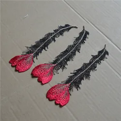 10Pcs/Lot 20*6.5cm Shiny Black Red Peacock Feather Pattern Sewing Motif Venise Lace Applique for Garment Embroidery Lace Patches
