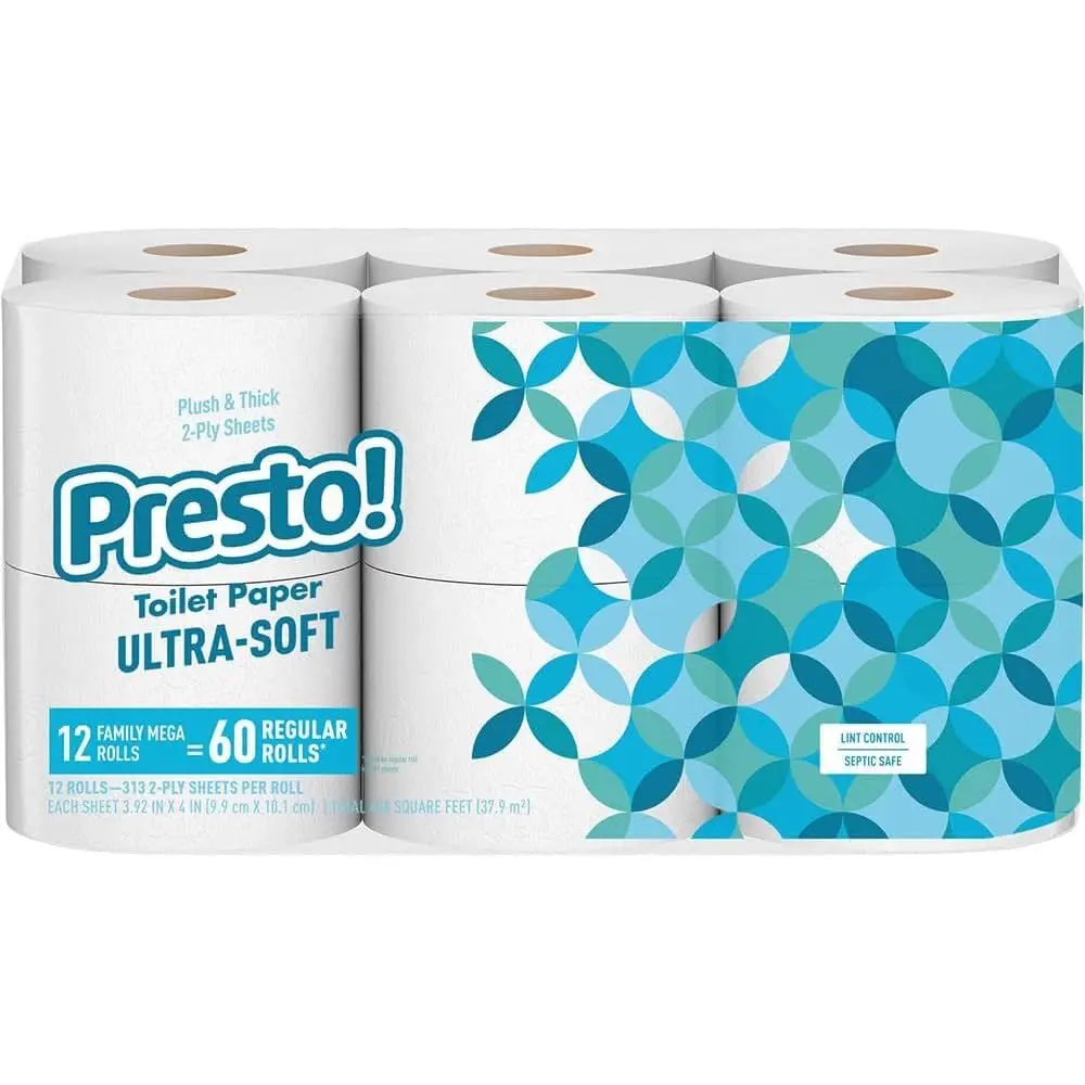 

Family Size 2-Ply Soft Toilet Paper, 12 Mega Rolls (60 Regular Rolls), Unscented, 313 Sheets Each