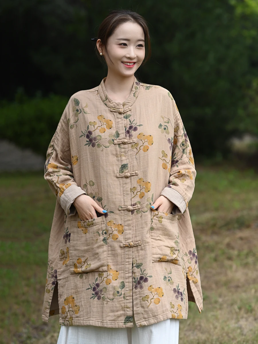 

Women Cotton Linen Long Shirt New 2025 Autumn Vintage Style Stand Collar Floral Print Loose Female Casual Tops Shirts M2075